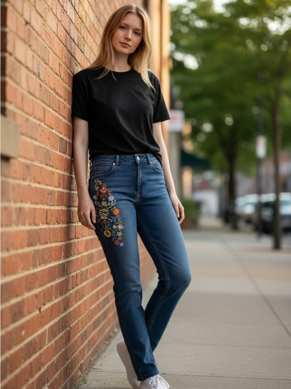 Talbots Dark Blue Straight Jeans with Floral Embroidery